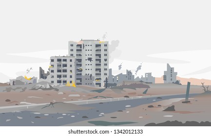 Destroyed city concept landscape background illustration, building between the ruins and concrete, war destruction panorama, city quarter after earthquake, destroyed residential neighborhood