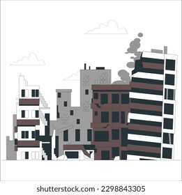 Destroyed city concept landscape background illustration, building between the ruins and concrete, war destruction panorama, city quarter after earthquake