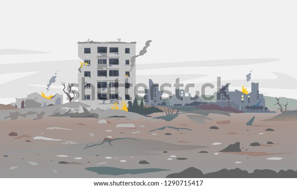 Destroyed city concept landscape\
background illustration, building between the ruins and concrete,\
war destruction panorama, city quarter after\
earthquake