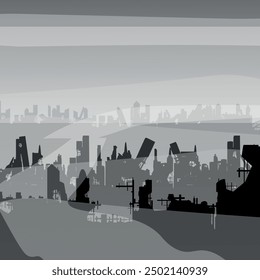 Destroyed city in the fog. Evening twilight. Earthquake or war. Sad landscape of destruction. Vector.