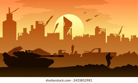 Ilustración vectorial de paisaje de la ciudad destruida. Ilustración de tanque militar y soldado en conflicto de guerra. Paisaje del campo de batalla para la ilustración, fondo o fondo de pantalla