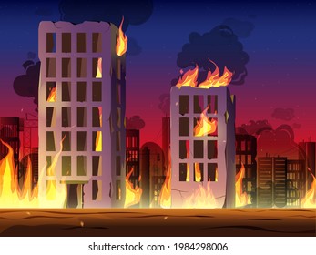 Destroyed City on Fire vector. Fire in burning buildings. Nuclear radioactive armageddon