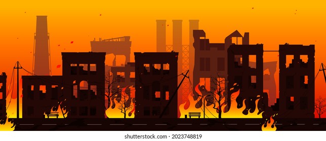 Destroyed City on Fire. War or natural disaster background