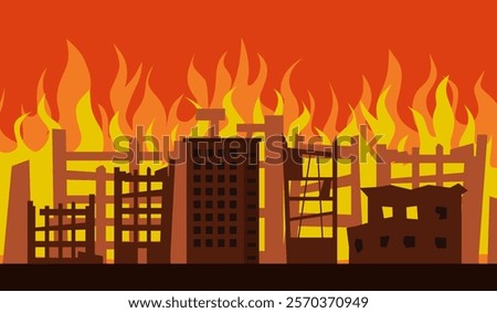 Destroyed City on Fire. War or natural disaster background