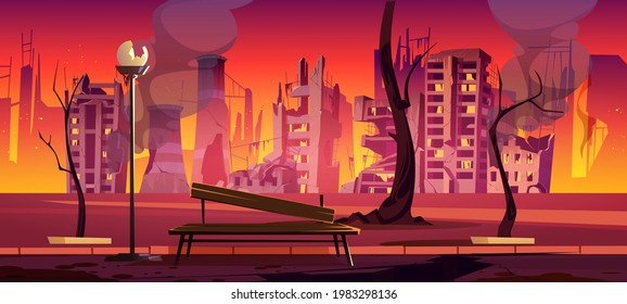 Destroyed city park, war zone, abandoned urban garden with burnt bench, trees and buildings. Destruction, natural disaster or cataclysm, post-apocalyptic world ruins, cartoon vector illustration