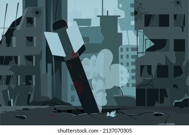 Destroyed city with rocket crashed the road. Fighter launched a homing missile to city. Conflict, war between Ukraine and Russia.Ukrainian-Russian military crisis banner template. Help Ukraine concept