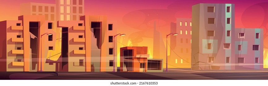 Destroyed city street with broken houses, fire and smoke. Vector cartoon illustration of abandoned demolished buildings on town street after war, nuclear explosion, apocalypse