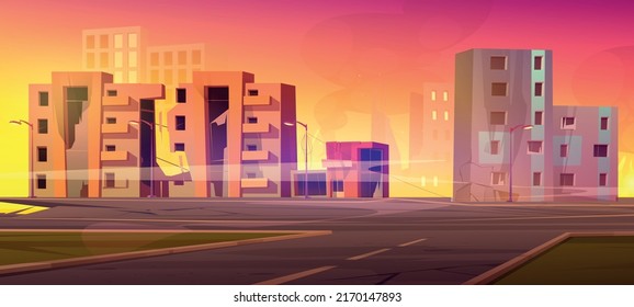 Destroyed city street with broken houses, fire and smoke. Vector cartoon illustration of abandoned demolished buildings on town street after war, nuclear explosion, apocalypse