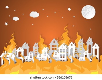 Destroyed City Village with fire.paper art style