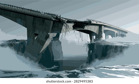 Destroyed Concrete Bridge Collapse Over Misty Chasm Illustration