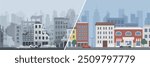 Destroyed damaged city with falling buildings and rebuilt city with new buildings, before and after