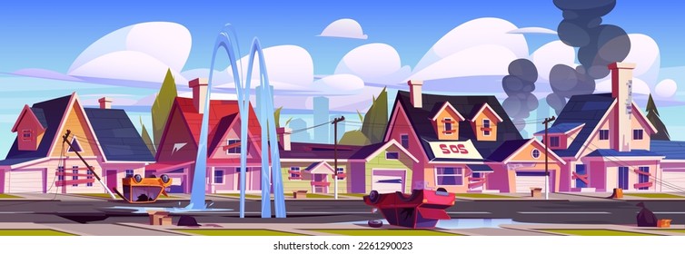 Destroyed derelict city street after war, earthquake, collapse, unrest. Old town landscape with houses and buildings ruins with boarded up windows and broken cars, vector cartoon illustration