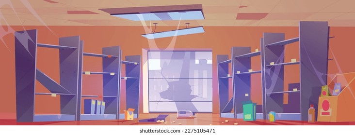 Destroyed empty supermarket with broken window. Vector illustration of looted product shelves, damaged boxes and food packages, bottles on floor, lamps on ceiling, cobweb on walls. War apocalypse