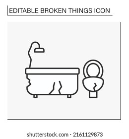 Destroyed Furniture Line Icon. Smash Bath And Toilet. Fractured Room. Vandalism. Broken Things Concept. Isolated Vector Illustration. Editable Stroke