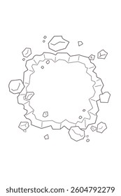 Destroyed and holed concrete wall black and white line drawing vertical background illustration