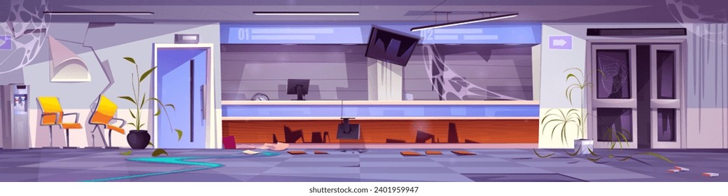 Destroyed hospital lobby interior. Vector cartoon illustration of large waiting hall with broken computers on reception desk, cracks and cobweb on walls, paper on floor, abandoned haunted clinic