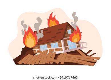 Casa destruida en un incendio, casa en llamas y humo. Huracán, tornado, terremoto. El concepto de desastres naturales. Ilustración, vector