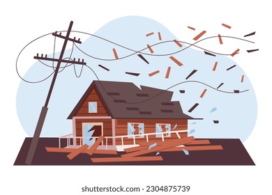 Destroyed house. Hurricane, tornado, earthquake. The concept of natural disasters. Illustration, vector