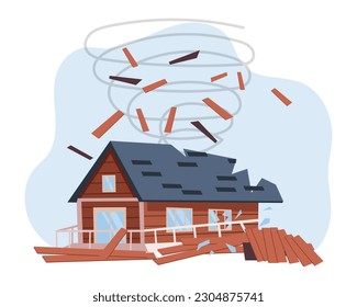 Destroyed house. Hurricane, tornado, earthquake. The concept of natural disasters. Illustration, vector