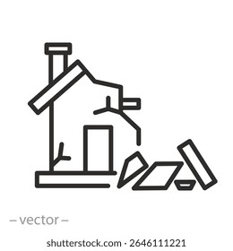 destroyed house icon, destruction of property, rubble from the building, thin line symbol on white background - editable stroke vector illustration eps 10
