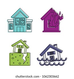Destroyed house icon set. Color outline set of destroyed house vector icons for web design isolated on white background