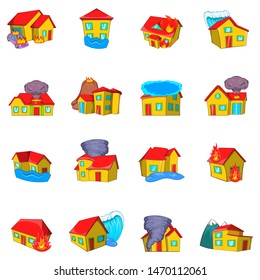 Destroyed house icons set. Cartoon set of 16 destroyed house vector icons for web isolated on white background