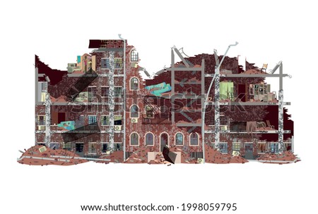 Destroyed house is not suitable for accommodation. Vector illustration, flat.