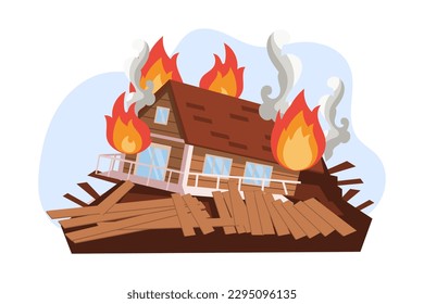 Destroyed house on fire, burning house on fire and smoke. Hurricane, tornado, earthquake. The concept of natural disasters. Illustration, vector	
