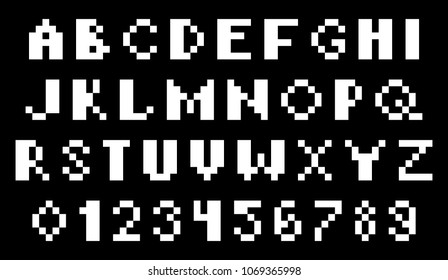 destroyed pixel letters and numbers, square geometric logo set, stock vector illustration