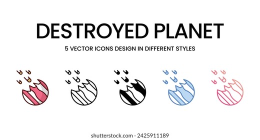 Destroyed Planet Icon Design in Five style with Editable Stroke. Line, Solid, Flat Line, Duo Tone Color, and Color Gradient Line. Suitable for Web Page, Mobile App, UI, UX and GUI design.