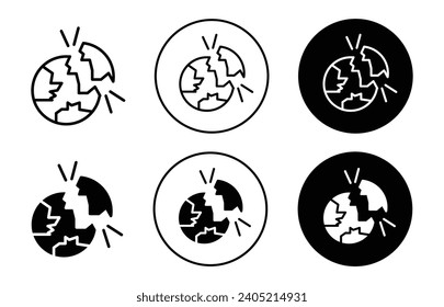 Destroyed planet icon. planet earth landscape destroying due to global warming and climate change by nuclear power exploding vector. eco friendly environment disaster catastrophe of world symbol set 