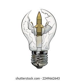 Destroyed power grid by a missile attack. Broken lamp. War. Broken light bulb. Vector illustration