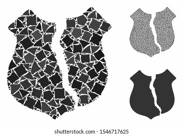 Destroyed shield composition of trembly pieces in different sizes and color tinges, based on destroyed shield icon. Vector humpy pieces are organized into composition.