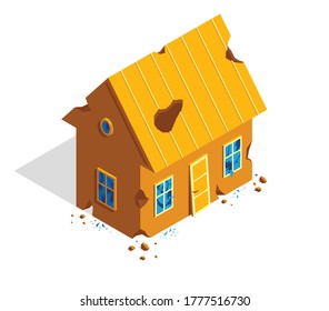 Destroyed small cottage family house vector 3d isometric illustration isolated on white, ruined old building.