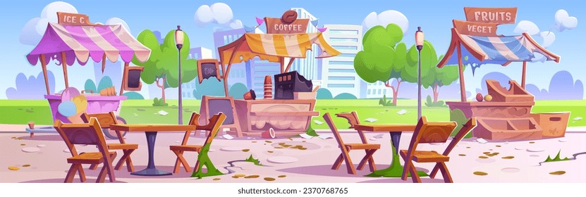 Destroyed street food market in abandoned city park. Vector cartoon illustration of damaged ice cream kiosk, vegetable stall, coffee shop against cityscape background, hurricane or storm aftermath