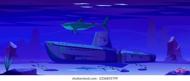 Submarino destruido en el fondo del océano. Arrecifes rocosos, plantas oceánicas, relieve oceánico. Ataque submarino con tiburón. Mundo submarino de la vida salvaje. Caricatura de tiburón. Ilustración vectorial.