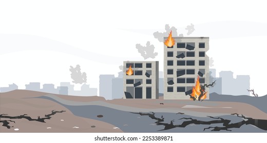 Destroyed village concept landscape.The earthquake destroyed houses and street, Natural disasters vector illustration.