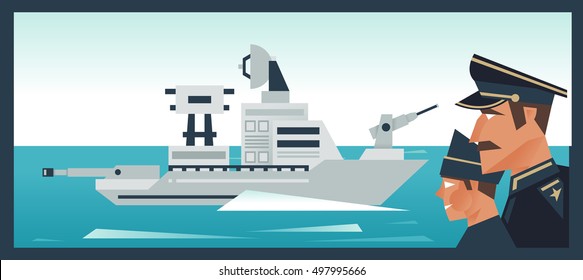 The destroyer in the ocean, a military boat. Admiral looks at the fleet. Vector illustration. Flat style