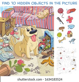 Destroyer. Pet made a mess in the house. Dog is waiting for the return of its owner at home. Find 10 hidden objects in the picture. Puzzle Hidden Items. Funny cartoon character - Shutterstock ID 1634183524