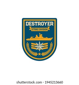 Destroyer submarine maritime division special squad isolated army chevron. Vector navy marine forces patch on military officer uniform. Chevron with sub boat, crossed arrows and olive oil branches