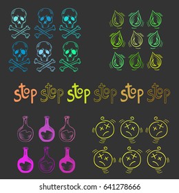 Destroying angel mushroom in engraved style. Fully editable vector mushroom illustration with warning icons, nature elements and lettering.