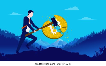 Destroying Bitcoin - Financial Business Man Hating Crypto Currency And Smashing Coin With Sledge Hammer. Vector Illustration