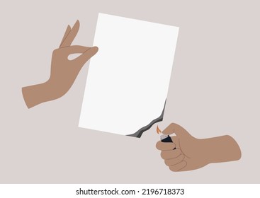 Destroying evidence, hands burning a sheet of paper, copy space