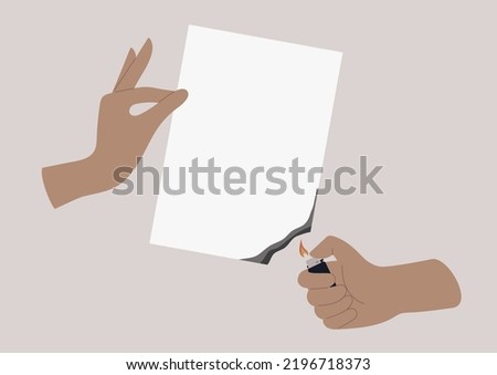 Destroying evidence, hands burning a sheet of paper, copy space