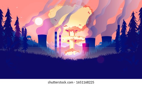 Destroying The Planet - Nuclear Bomb And Pollution In Landscape, Radiation And Smog Creating The End Of The World, Apocalypse, Catastrophe, No Future Concept. Vector Illustration.