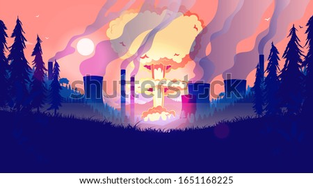 Destroying the planet - Nuclear bomb and pollution in landscape, radiation and smog creating the end of the world, apocalypse, catastrophe, no future concept. Vector illustration.