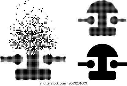 Destructed dot bell icon with halftone version. Vector wind effect for bell icon. Pixelated disintegration process for bell reproduces motion of cyberspace matter.
