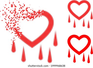 Destructed dot crying heart pictogram with halftone version. Vector wind effect for crying heart pictogram.
