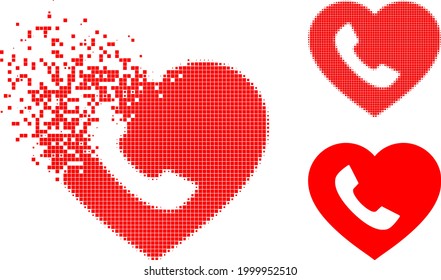 Destructed dot favourite phone icon with halftone version. Vector destruction effect for favourite phone icon. Pixel degradation effect for favourite phone reproduces movement of virtual world.
