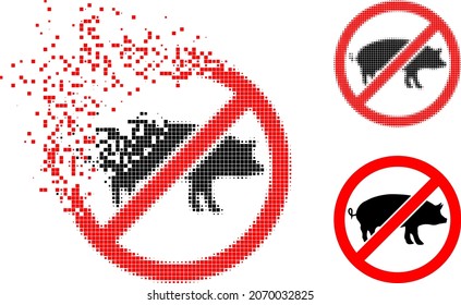 Kein Piktogramm des Schweins mit halfter Version zerstört. Vektorwindeffekt ohne Schweinesymbol. Pixel Dissipation Effekt für kein Schwein gibt Bewegung von virtuellen Gegenständen.